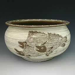 Pottery Fire Pot with Buncheong Gwiyal Fish Design in White