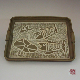 Pottery Pie Plate with Buncheong Fish and Lotus Flower Design 