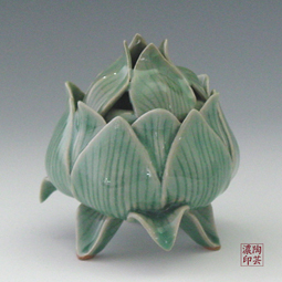 Cone Incense Burner Celadon Green Ceramic with Lotus Flower Design