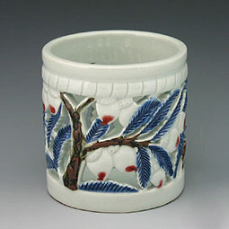 Ceramic Pencil Holder with Cobalt Blue, Iron Black, Red Copper Acorn Tree