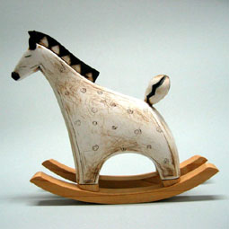 Colorful Miniature Ceramic Rocking Horse with Wood Base 