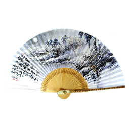 Hand Held Folding Fan with Painting of Riverside Pavilion under Snow